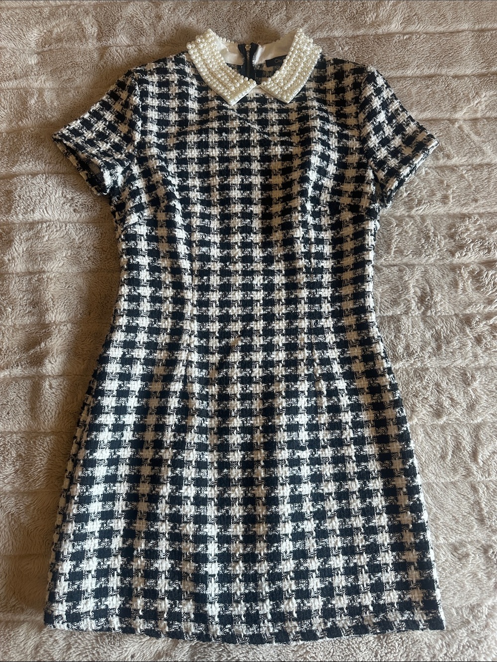 City Studio Black and White Houndstooth Pearl-Collar Mini Dress